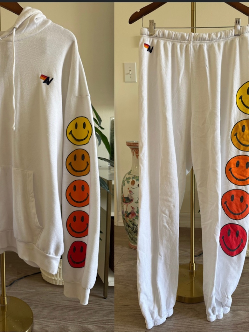 Aviator Nation Smiley Face Ombre Hoodie & Sweatpants Matching Set | White | L/M